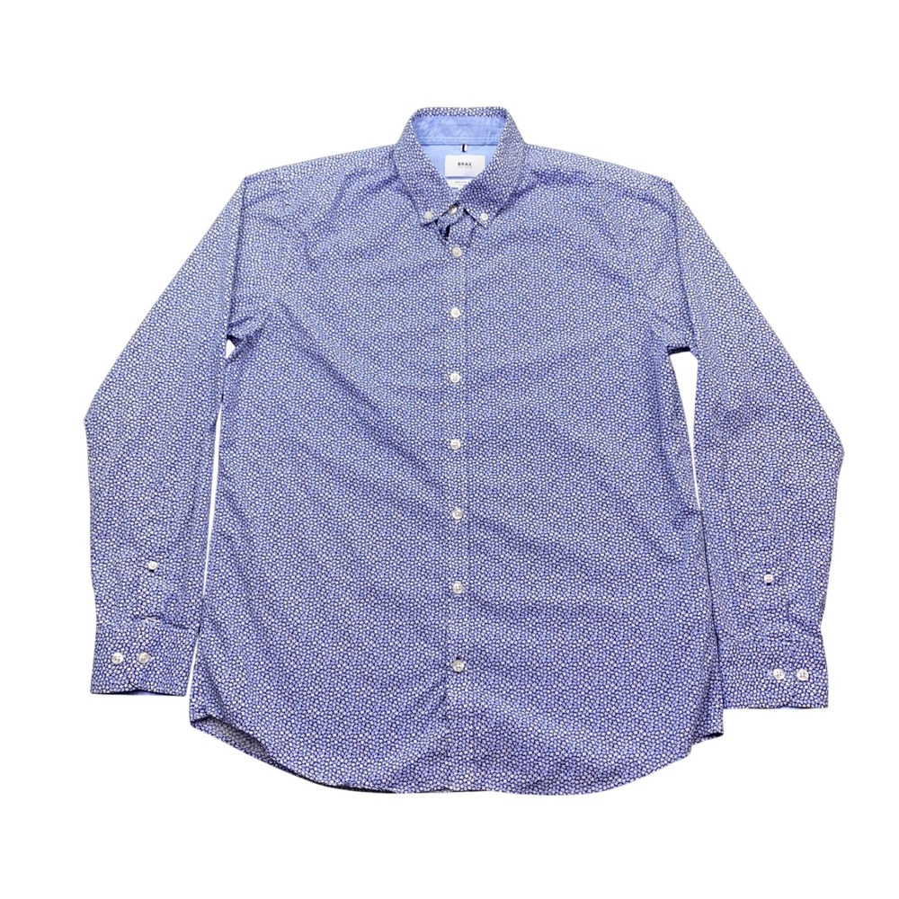 Brax Daniel P Mens Blue Floral Micro Print Natural-Flex Cotton Shirt Size M